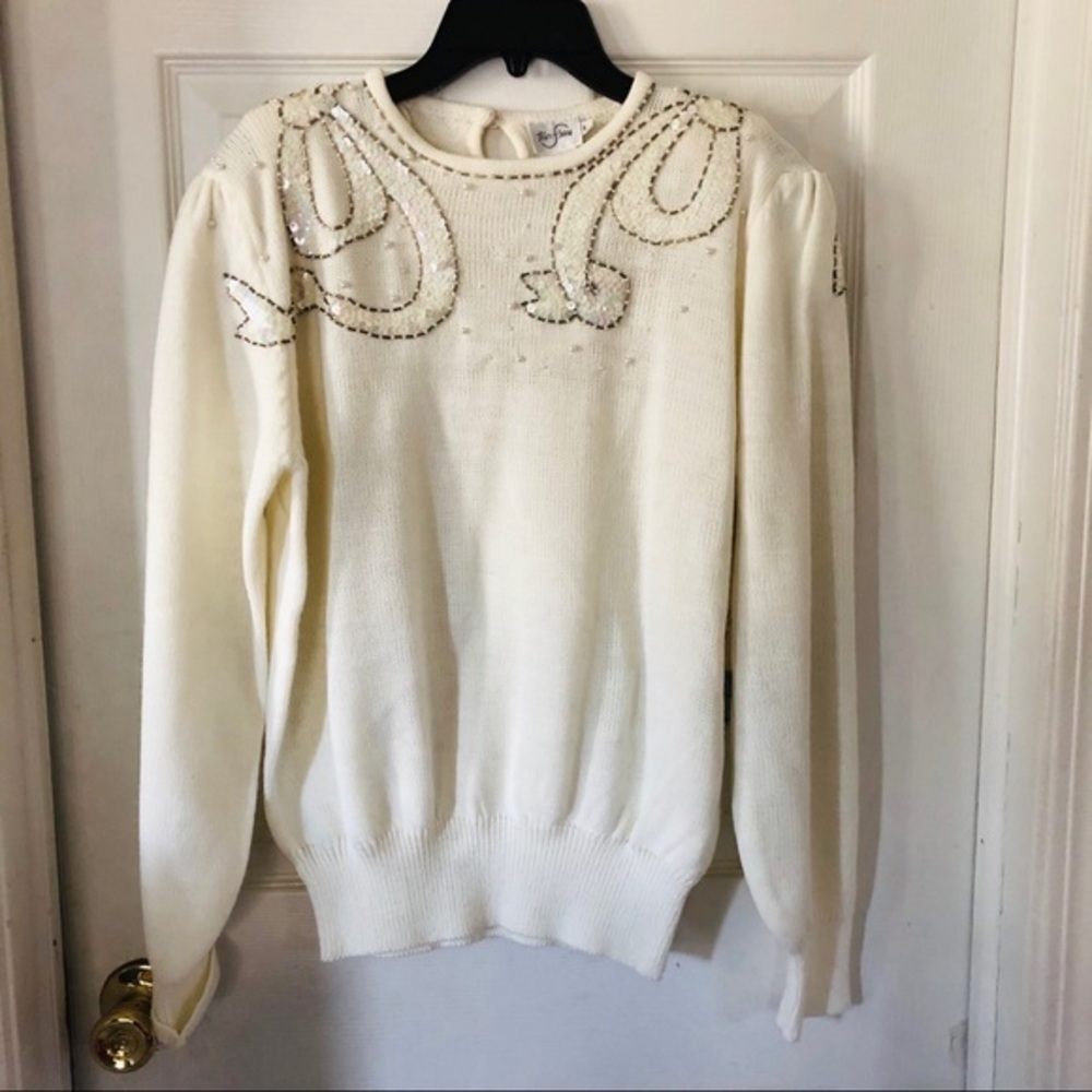 NWT vintage TANFJAY cream beaded sequins balloon sleeve sweater size Large